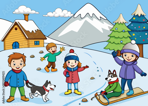 Children playing with dog in winter snow