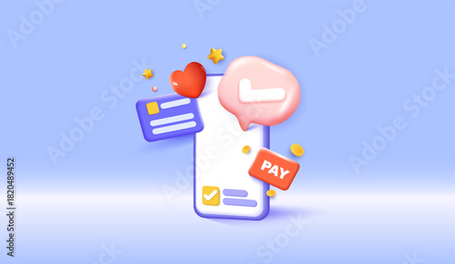 3d smartphone with pay button, heart and message icons on blue background, online payment concept, mobile app design for digital banking, e commerce and financial technology .vector design.