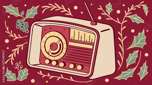 Vintage radio receiver with antenna and tuning dials, surrounded by festive holly leaves and berries on a deep red background, evoking holiday cheer and retro broadcast nostalgia.
