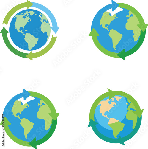 Four Earth globes with circular green arrow recycling symbols on white background