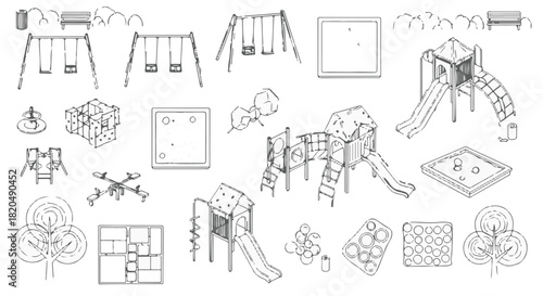 Black and white line art vector set of playground equipment and outdoor park design elements isolated PNG with Transparent Background