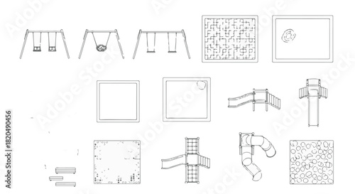 Vector outline set of playground equipment symbols for architectural floor plans and maps. isolated PNG with Transparent Background