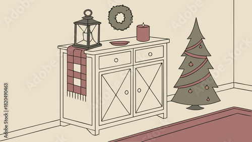 Cozy christmas room interior illustration depicting a decorated fir tree, a white wooden console cabinet adorned with a rustic lantern, a plaid scarf, festive wreath, and a lit candle.