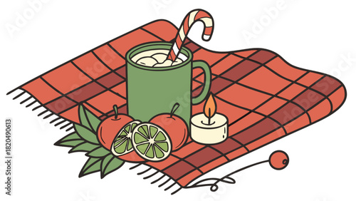 Cozy winter holiday scene with hot cocoa, candy cane, lit candle, fresh fruit, and green leaves resting on a festive red plaid blanket. charming illustration for cozy season greetings.