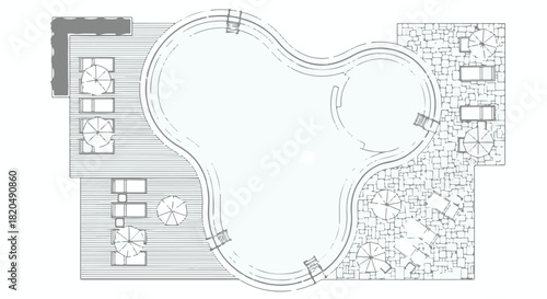 Top view schematic blueprint of a modern residential swimming pool and outdoor patio area plan isolated PNG with Transparent Background