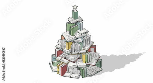 Christmas tree made of books with a star on top, representing knowledge and reading, isolated