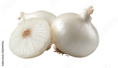 White onions, one halved, showcasing layered flesh and papery skin
