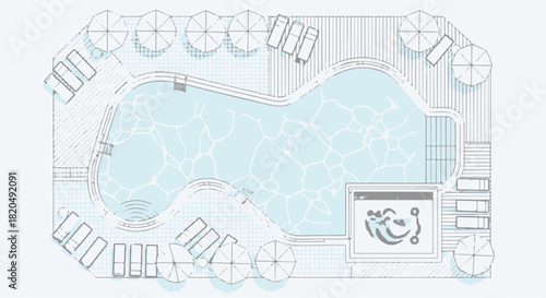 Architectural plan top view of luxury swimming pool design and resort deck layout isolated PNG with Transparent Background