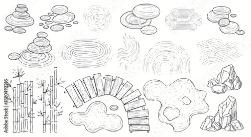 Line art set of Japanese Zen garden design elements, stones, bamboo, and water ripples sketch isolated PNG with Transparent Background