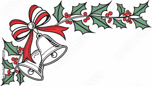 Christmas bells with a festive red and white striped bow, intertwined with classic green holly leaves and bright red berries, creating a joyful holiday corner border decoration.