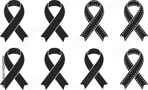 Black Ribbon And Film Strip Ribbon Icons On White Background awareness ribbon mourning ribbon