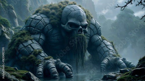Ancient stone golem emerging from the misty waters