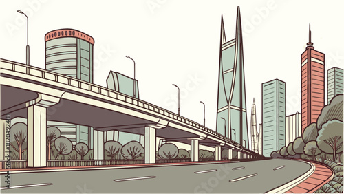 Urban landscape with a modern elevated highway winding through a bustling metropolis, flanked by contemporary skyscrapers and green spaces, illustrating city infrastructure and development