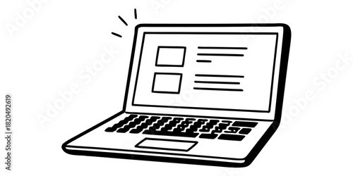 Illustration of a laptop with two rectangular boxes and lines on the screen with light rays