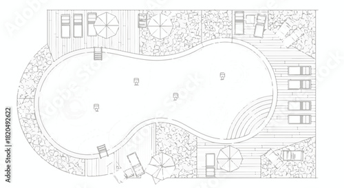 Architectural layout plan drawing of private backyard swimming pool and patio area isolated PNG with Transparent Background