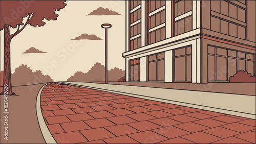 Stylized urban illustration of a contemporary brown office building with large windows, a winding brick pavement, lush trees, and a street lamp under a cloudy sky, depicting a peaceful city street.