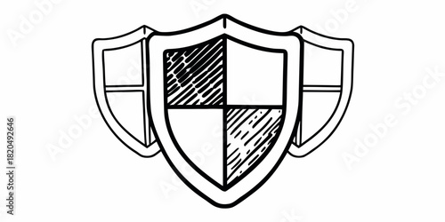 Three shields with black outlines and interior designs in a hand drawn style illustration image