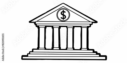 Illustration of a bank building facade with a dollar sign in the pediment and columns structure