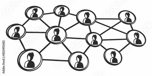 Illustration of a network of people connected by lines representing social or professional links and relations