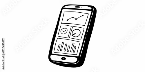 Illustration of a smartphone displaying data charts and graphs on its screen interface design