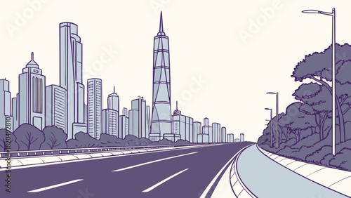 Modern urban cityscape illustration featuring towering skyscrapers, a dynamic city skyline, and a curving highway with trees, representing urban development and transportation.