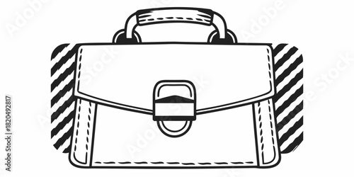 Illustration of a briefcase with a handle and clasp in black and white line art style design format