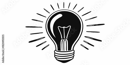 Illustration of a lightbulb with radiating lines emanating from it in black and white drawing style