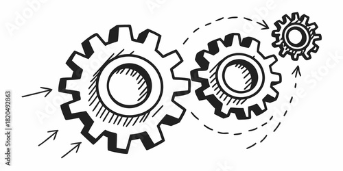 Illustration of three gears of varying sizes with arrows indicating direction and movement in white background