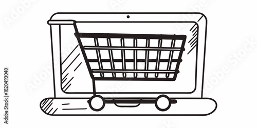 A sketch of a shopping cart displayed on a laptop screen representing online shopping and e commerce use
