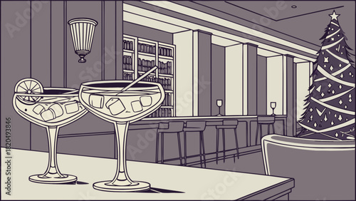 Illustrative scene of festive cocktails with ice and lemon on a bar counter, set against a cozy lounge interior with a decorated christmas tree and shelves.