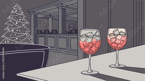 Two refreshing festive cocktails with ice on a modern bar counter in a minimalist lounge setting with a stylized christmas tree in the background, ideal for holiday season.