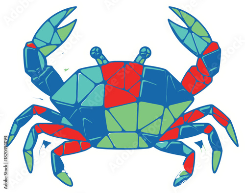 Stylized Blue and Red Crab Illustration with Geometric Polygonal Design