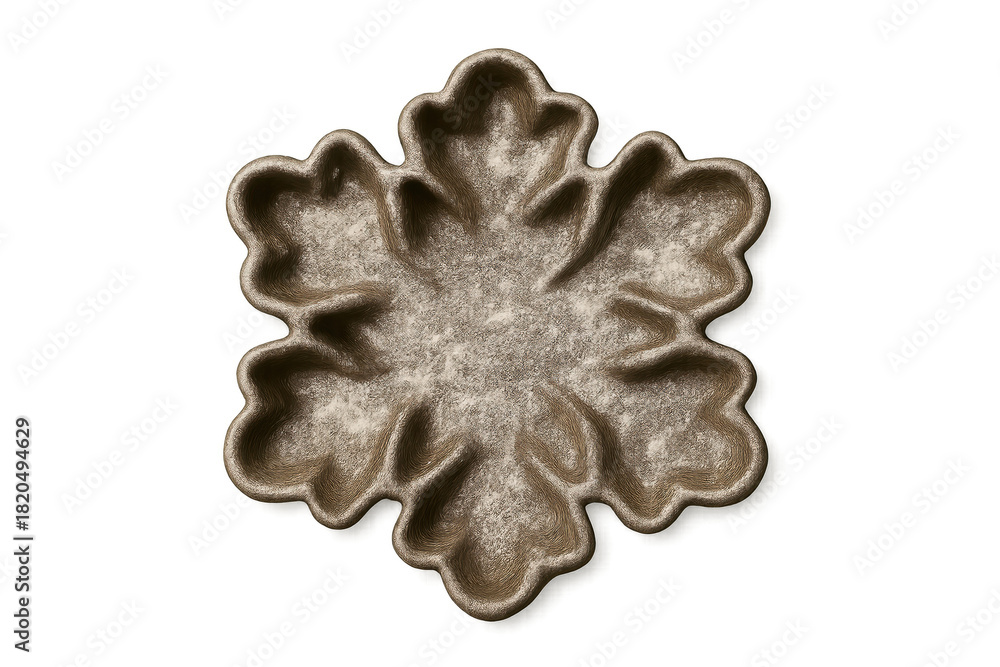 Fototapeta premium A rustic brown snowflake-shaped cookie ornament with a textured surface and powdered sugar dusting, showcasing a festive, handcrafted design for winter holiday celebrations