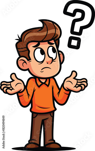 Confused cartoon man with a questioning expression shrugging with a large question mark.