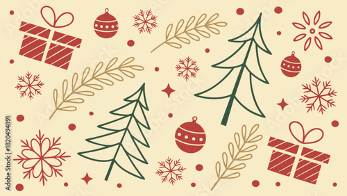Festive christmas holiday seamless pattern with vintage style decorative elements including gift boxes, evergreen trees, classic ornaments, and snowflakes on a warm beige background.