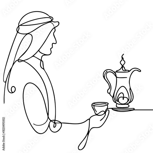 Single line drawing in modern minimalist style of Arabic man serving traditional coffee on white background with copy space