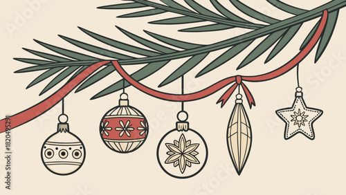 Vintage christmas illustration featuring a festive fir branch adorned with a red ribbon and various charming, retro-style holiday ornaments, perfect for seasonal greetings and designs.