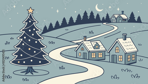 Winter night village scene with a festive, decorated christmas tree and cozy homes lining a winding path through rolling hills under a starry sky and crescent moon, an idyllic holiday illustration.