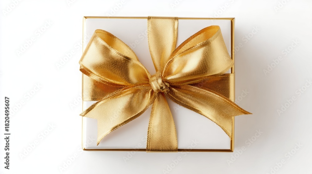 Fototapeta premium Elegant white gift box adorned with a luxurious gold ribbon bow.