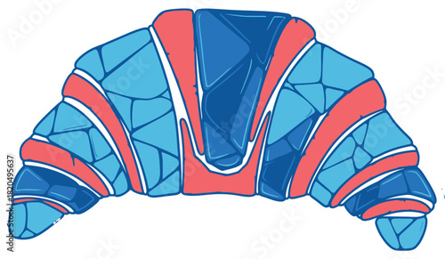 Vibrant Abstract Croissant Vector Illustration with Blue and Red Geometric Mosaic Pattern