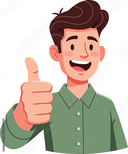 Happy cartoon man with brown hair in a green shirt giving a positive thumbs up.
