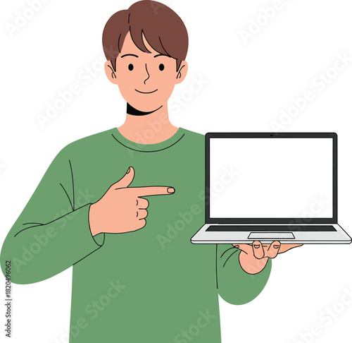 Illustrated young man in a green sweater holding a laptop and pointing to its blank screen.