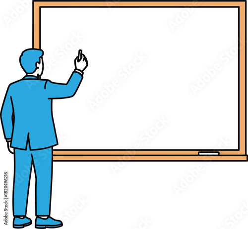 Illustration of a man in a blue suit from behind raising his hand to write on a large blank whiteboard.
