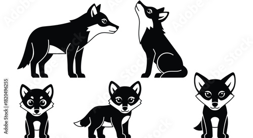 Cute wolf pups howling and watching in black and white design set