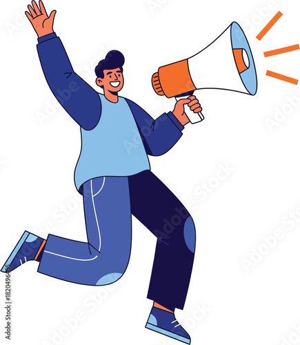 Joyful cartoon man in blue casual wear jumping and shouting into a megaphone making an announcement.