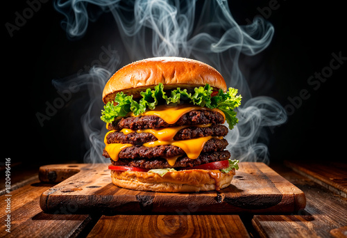 
This is a dramatic, high-contrast photograph of a gourmet, multi-layered cheeseburger, expertly prepared and presented to emphasize its rich flavor and freshness.