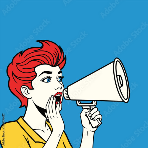 Pop art style woman with vibrant red hair shouting into a classic white megaphone.