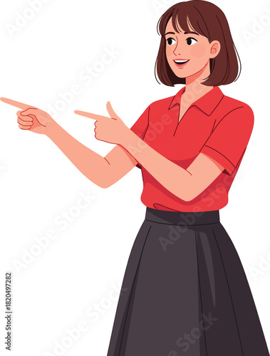 Smiling cartoon woman with a brown bob haircut in a red polo shirt pointing to the side.