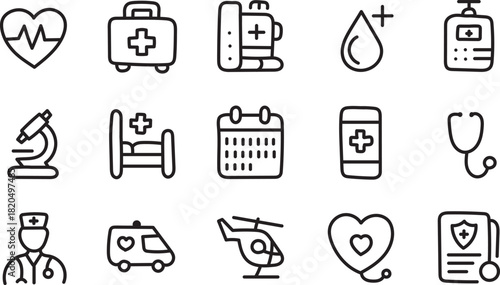Medical Emergency Line Icons Set for Healthcare Treatment Hospital and First Aid
