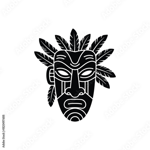 Bold Black‑and‑White Graphic Portrait of a Face Surrounded by Symmetrical Feathers, Viewed Frontally in Serenity White Space